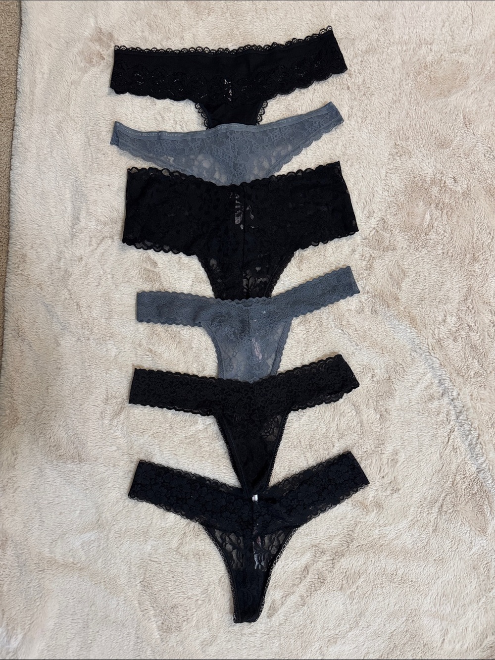 Victoria's Secret Lace Thongs in Black & Gray - Pack of 6